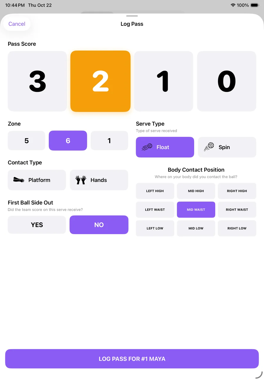 iPad pass sheet with 3, 2, 1, 0 scoring, zone, serve type, contact type, body contact position and first-ball side-out