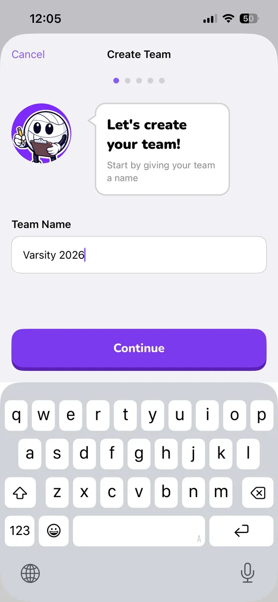 Create Team step 1: enter a team name