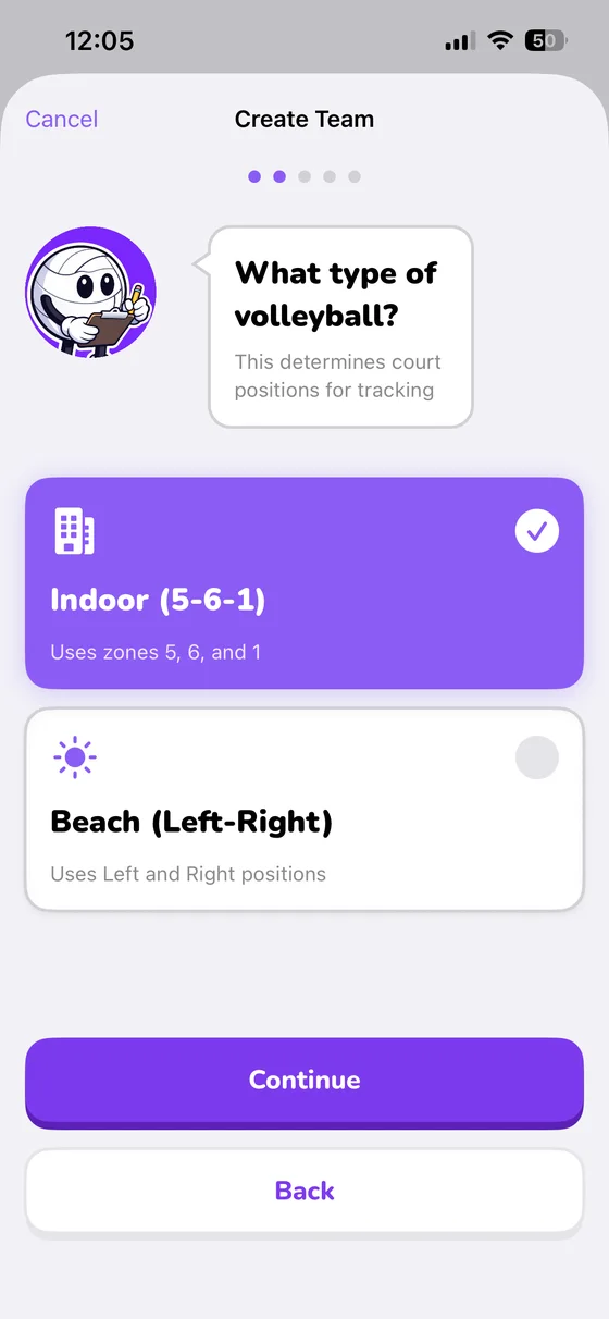Create Team step 2: choose indoor 5-6-1 or beach left-right