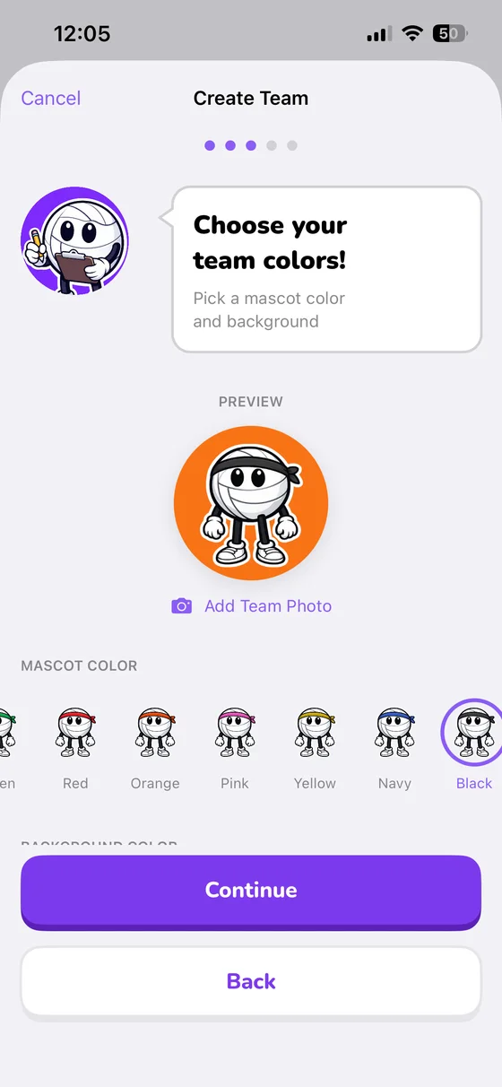 Create Team step 3: choose a mascot color or add a team photo
