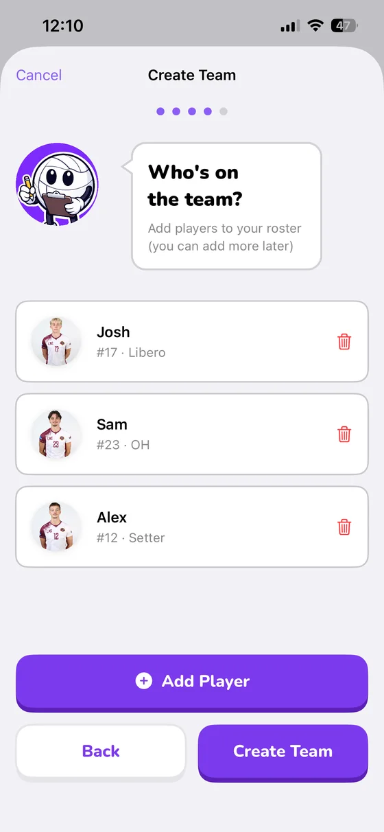 Create Team step 4: add players with number and position